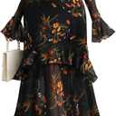 GothDark Womens Floral Maxi Dress Sheer Mesh Bell Sleeve Tiered Ruffle Gothic Romantic Casual Long Dresses (Medium, Multicolor)