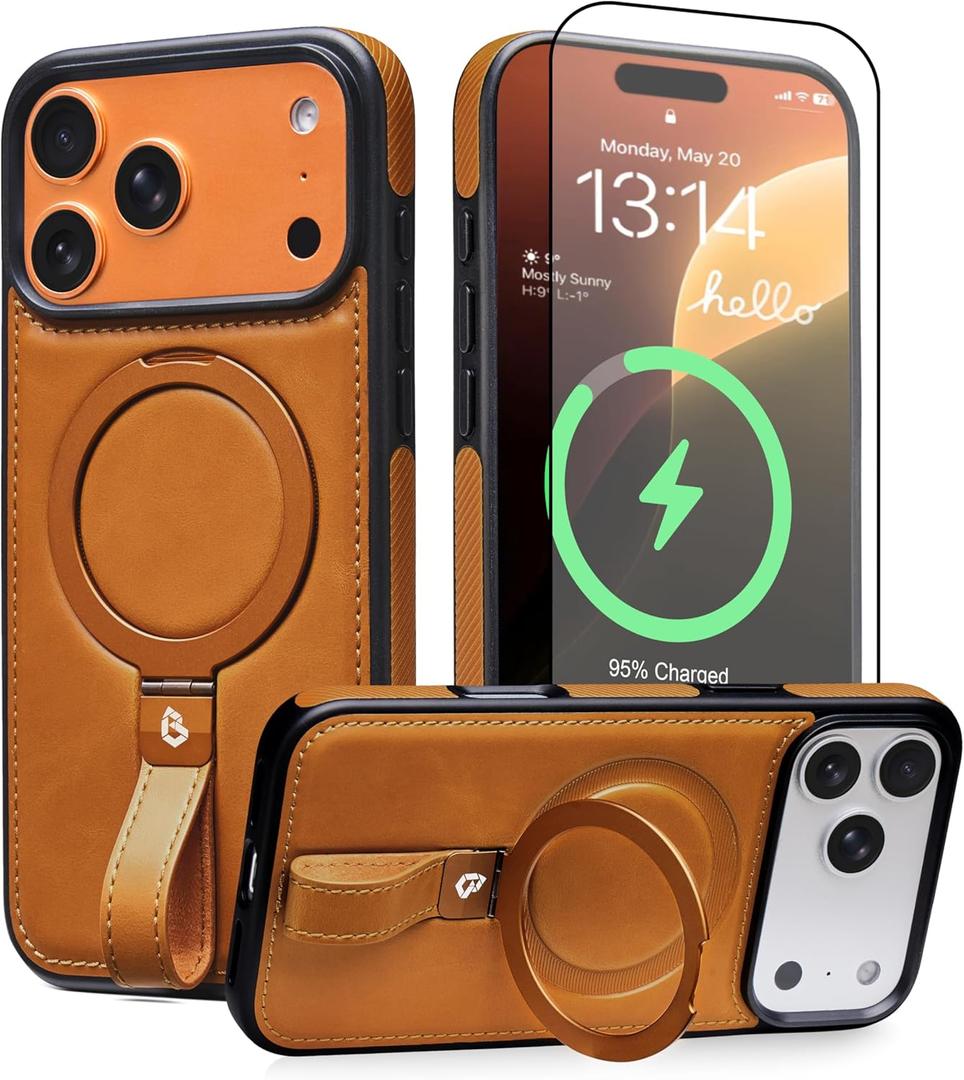 Butaiga for iPhone 17 Pro Leather Case with Stand, Anti-Slip Grip Ring, Fits for MagSafe (Brown, iPhone 17 Pro)