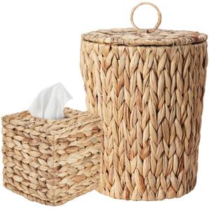2.6 Gallon Wicker Trash Can with Lid and Square Wicker Tissue Box Cover, Boho Decorative Handwoven Water Hyacinth Rattan Bedroom Bathroom Living Room Accessories Decor (Natural)