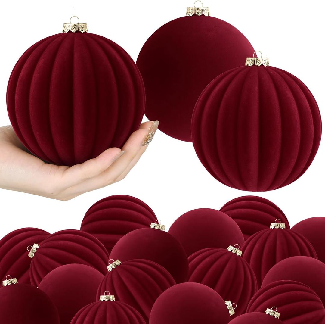 Syhood 16 Pcs 4 Inch Velvet Christmas Balls Large Velvet Xmas Tree Ornaments Balls Decorations Hanging Flocked Ornaments for Christmas Tree Home Garland Holiday Party Decor (Burgundy)