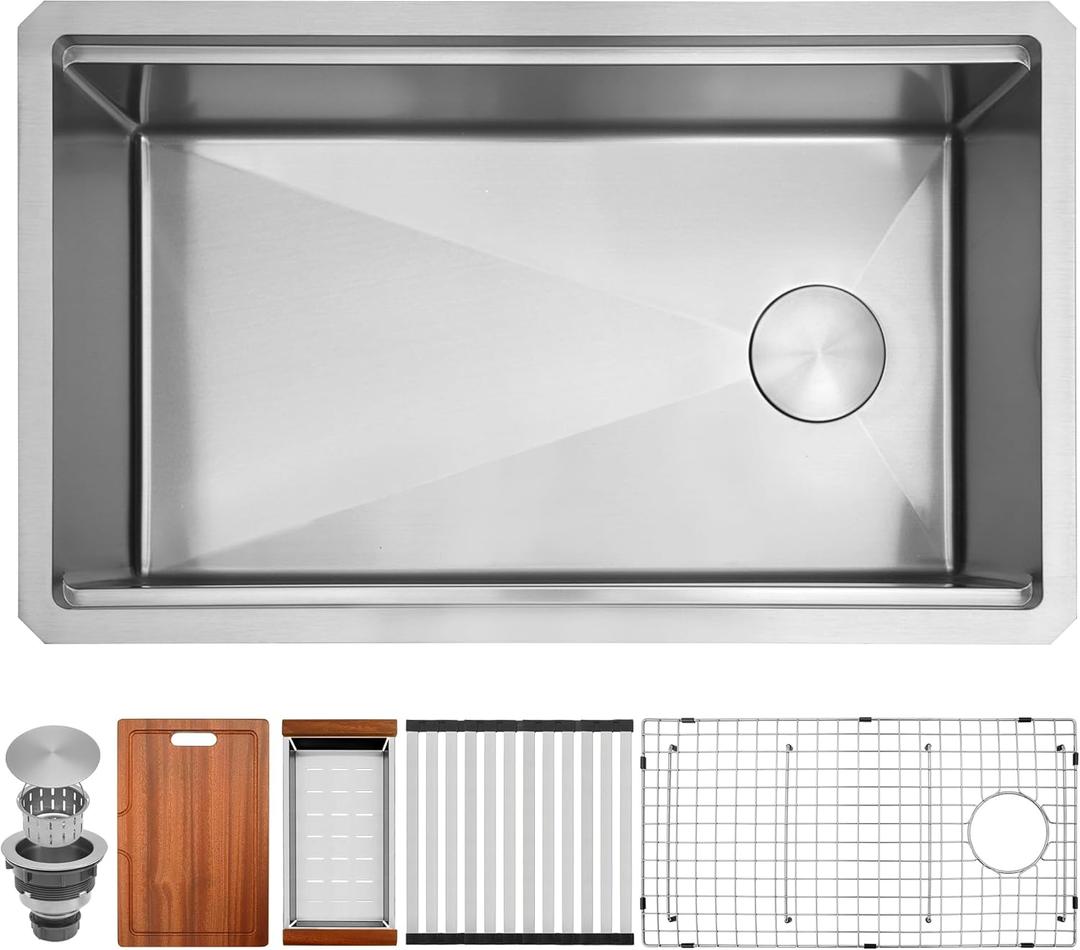 Undermount Kitchen Sink,16 gauge Stainless Steel Workstation Sink,Deep and Large Single Bowl Kitchen Sinks Offset Drain (30" X 18")