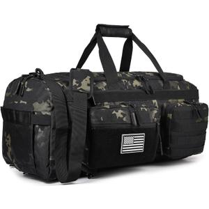 LHI 50L Tactical Duffle Bag for Men, 3-in-1 Gym Duffle and Backpack, Shoe Compartment, Laptop Sleeve and MOLLE, Carry-On Travel Weekender and Overnight Bag – Black CP Camo, 25.6"L × 11"W × 10.7"H