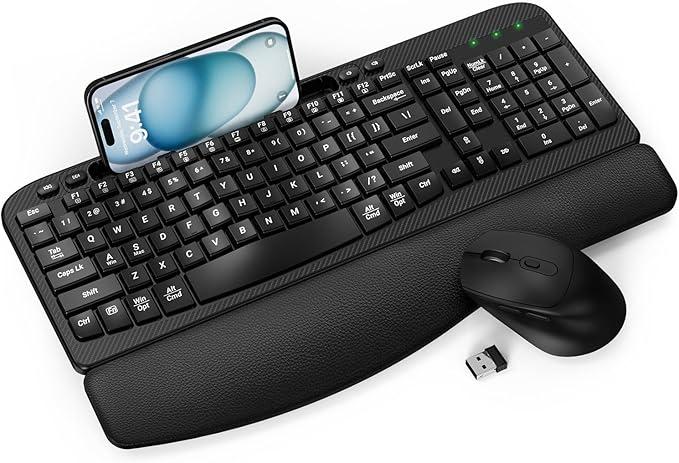 Wireless Keyboard and Mouse Combo, Wave Keys FullSized Ergonomic Keyboard with Cushioned Plam Rest, Phone Holder, Comfortable Natural Typing, 2.4G Cordless Set for Computer, Laptop, PC, Mac, Windows