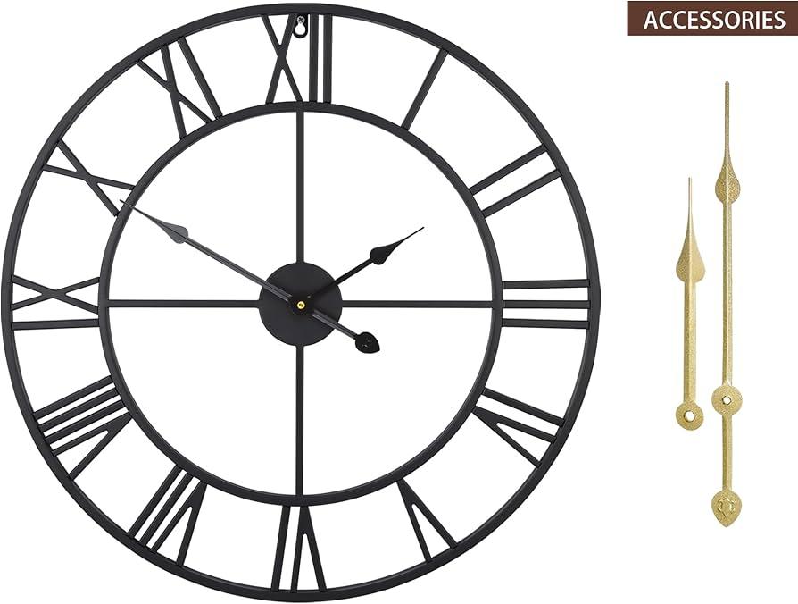 LEIKE Large Wall Clock, 24" Completely Silent, Non Ticking, Battery-Operated,Rustic Round Modern Metal Wall Clock Decor for Living Room, Bedroom and Kitchen, (60cm, Black-Roman Number) (24 Inch)
