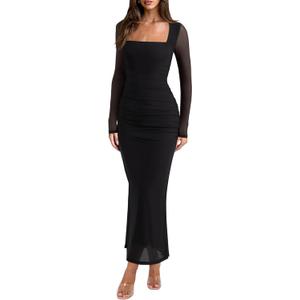 REORIA Long Sleeve Wedding Guest Maxi Dresses for Women Sheer Mesh Square Neck Ruched Bodycon Long Dress 2026 Spring Outfits (Black, L)
