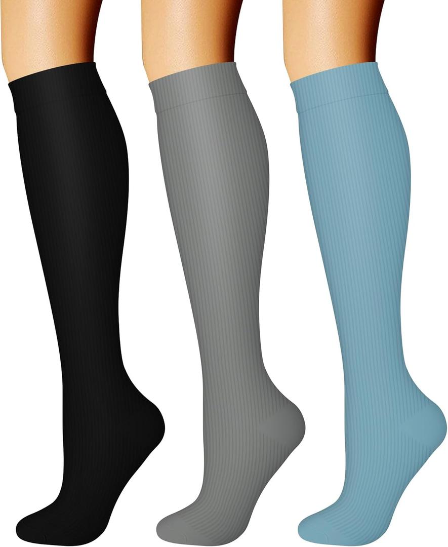 CHARMKING Compression Socks for Women & Men Circulation (3 Pairs) 15-20 mmHg is Best Support for Athletic Running Cycling (Small-Medium, 27 Black/Grey/Blue)