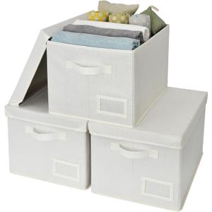 GRANNY SAYS Storage Baskets for Organizing, Linen Closet Shelf Organizers and Storage Containers with Label Holder, Large Storage Bins with Lids for Bedroom, Ivory, 3-Pack