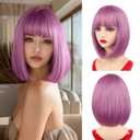 NOTICEME 14 Inch Purple Pink Bob Wig with Bangs, Short Straight Synthetic Heat Resistant Wigs for Women with Adjustable Straps & Wig Cap for Party Cosplay Daily Use