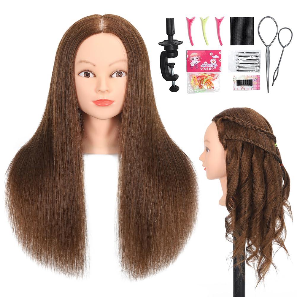 Mannequin Head with 100% Real Human Hair, Cosmetology Mannequin Doll Head for Styling Hairdresser Practice Training Head (Brown)