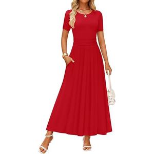 ZESICA Women's Summer Short Sleeve Maxi Dress 2025 Casual Crewneck Pleated A Line Flowy Long Dresses with Pockets M