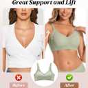 Women's Wireless Bras Comfortable Seamless Bralettes Push Up Everyday Bra for Women 3-Row Back Hooks (Green, S)