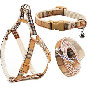 Cute Plaid Dog Collar Harness and Leash with Safety Buckle - Adjustable and No Pull Comfortable Dog Collars for Small Puppy, Stylish Durable Gift for Boy Girl Pets (beige-03)