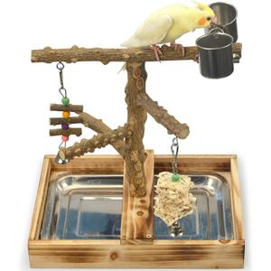 Natural Wood Bird Toys Playground, Bird Cage Accessories, Bird Perches, with Removable Tray and 2 Stainless Steel Cups