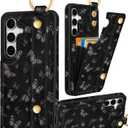 Petitian for Samsung Galaxy S25/S24 Case with Wallet - Women Girls Cute Girly Aesthetic Unique Design Leather Credit Card Holder Cardholder Stand Wristband for S25/S24, Black Butterfly