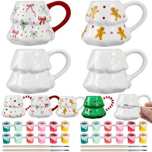 Didaey 4 Set Christmas Tree Mug Paint Your Own Mug Craft Kit with Paints and Brush Ceramic Christmas Coffee Mugs DIY for Adults Xmas Festive Holiday Gift