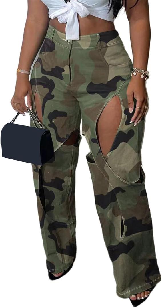Vaceky Sexy Camo Cargo Pants Women High Waist Cutout Straight Leg Baggy Army Fatigue Trouser XXL