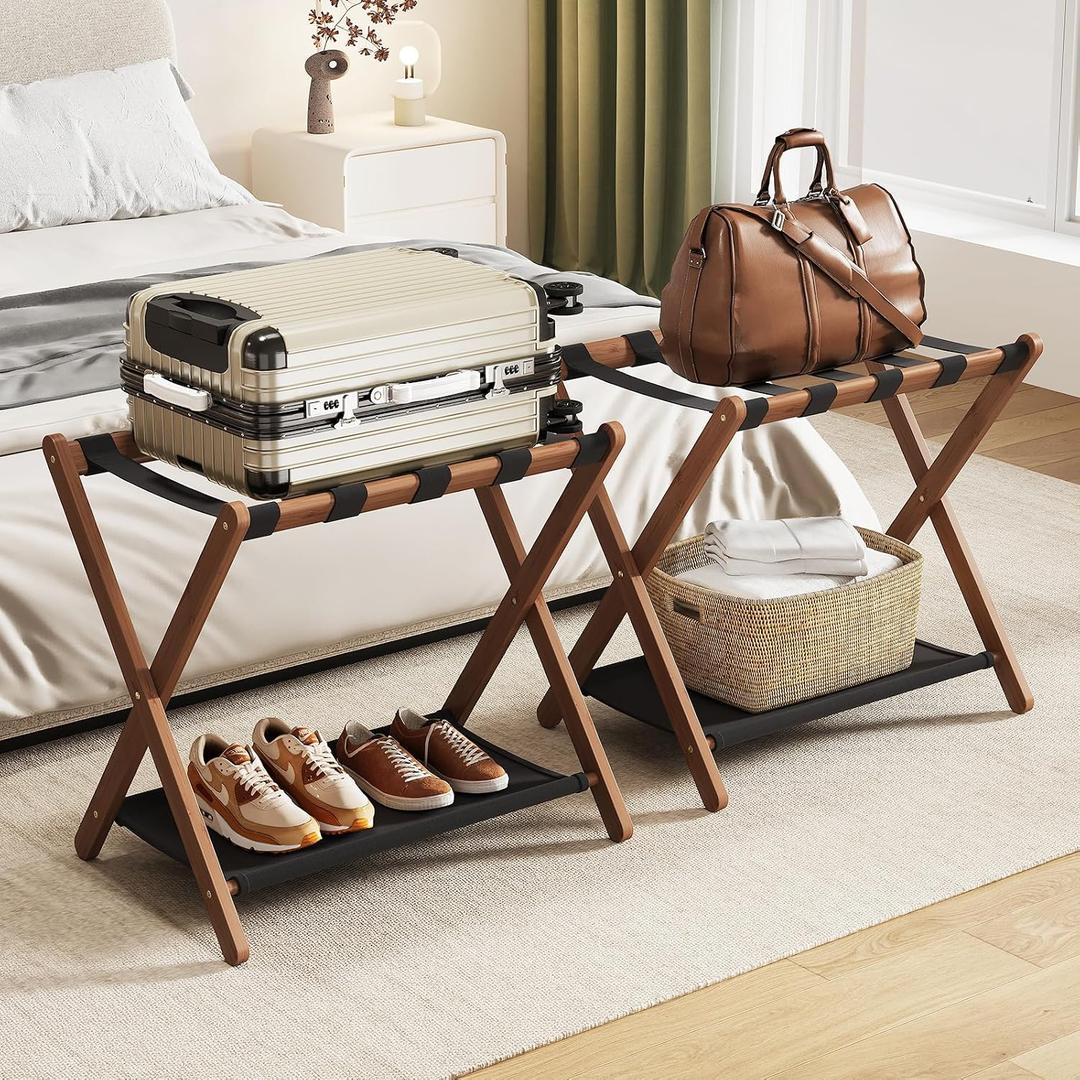 Fully Assembled Walnut Luggage Racks Set of 2, Bamboo 26.77" Luggage Rack Stand for Guest Room, 5 Nylon Straps, Foldable Suitcase Stand with Storage Shelf for Bedroom Hotel, Holds up to 165 Lbs
