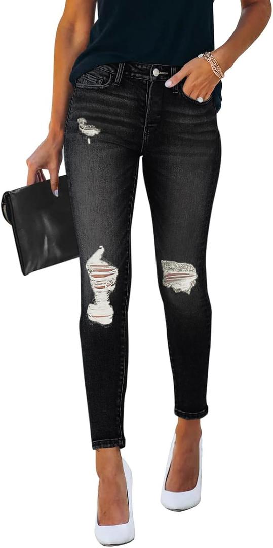Women's Mid Waisted Jeans Trendy Distressed Stretch Ripped Butt Lift Denim Pants (Pack of 2) (Black, XL)