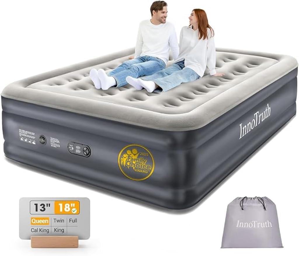 InnoTruth Air Mattress Queen with Built in Pump, Inflatable Mattress Blow up Mattress, Family Choice Award Winner, 18" Colchones Inflables Foldable Air Bed for Guest & Home, Ideal for Camping, 650lbs