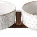 LE TAUCI Dog Bowl Set with Acacia Wood Stand - 1.5-Cup Ceramic Puppy Bowls for Small Dogs, Dual Food and Water Bowls with Weighted Non-Slip Base (Fireworks+Clover)