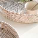 HITOMEN 14.2" Hand-Woven Round Rattan Serving Tray Decorative Ottoman Wicker Platter with Handles for Coffee Table, Breakfast, Drinks, Snack, Bread, Fruit, Vegetables (Whitewash-L)