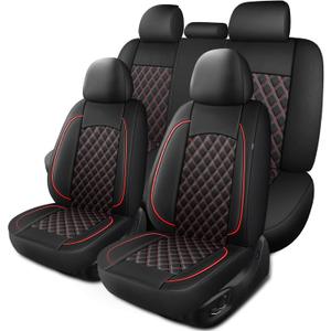 Car Seat Covers Full Set, Breathable and Waterproof Napa Leather Car Seat Cover, Interior Universal Fit for Cars, Sedans, SUVs, Vans, Trucks (Full Seat, Black+Red, N3)
