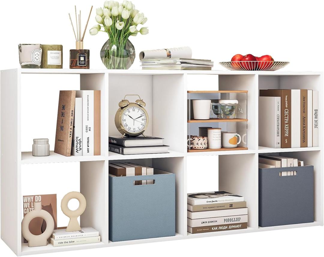 8 Cube Storage Organizer Bookcase, Wooden Freestanding Bookshelf with Open Storage Compartments, Sturdy Thick Panels, Easy Assembly, for Living Room Bedroom Office, White