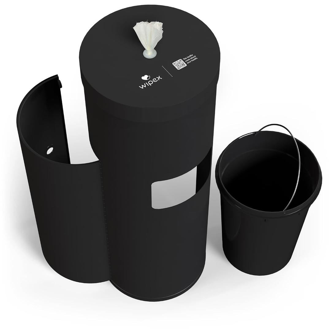 Wipex Matte Black Wet Wipe Dispenser with Trash Bin: Durable Steel & Premium Silicone Port, Floor Stand for Gym Wipes - Fits Sanitizing Refill Rolls, Perfect for Schools, Fitness, & Public Facilities