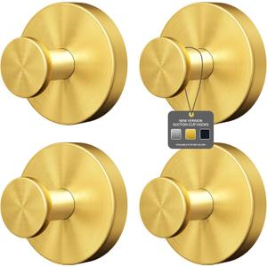 Shower Suction Cup Hooks, Heavy Duty Bathroom Wall Hooks for Towels, Robes, Loofahs, Removable Metal Hook for Tile Glass Mirror, No Drill (4 Pack, Gold)