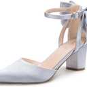 LOOPCHARM Womens Closed Pointed Toe Heels with Bow Low Chunky Block Heel Ankle Strap D'Orsay Pumps Bridal Wedding Dress Shoes,Silver Satin,9