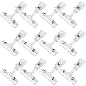 Clear Sign Clips Merchandise Display 12 Pack Plastic Label Pop Clips on Sign Holder Shelf Double Sided Swivel Price Tag Holders on Clothing Rack Rotatable Menu Clamps for Sale Retail Display
