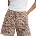 luvamia Jean Shorts for Women Trendy High Rise Mid Thigh Cheetah Leopard Print Raw Hem Stretch Denim Casual Summer Jorts, Large