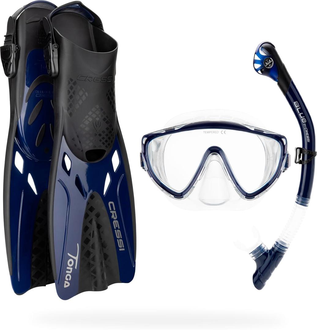Cressi Snorkeling Set- Short Adjustable Fins, Silicone Mask, and Dry Snorkel- Compact for Travel- Tino Adventure Set- Designed in Italy (Small-Medium, Clear/Navy)