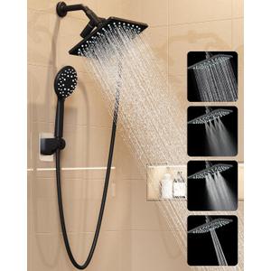 Veken High Pressure Rain Shower Head with Handheld, Multi-Functions Square Rainfall Shower Heads with 5-Mode Handheld Spray Combo, Detachable Hand Held Showerhead, Dual Matte Black Regaderas Para