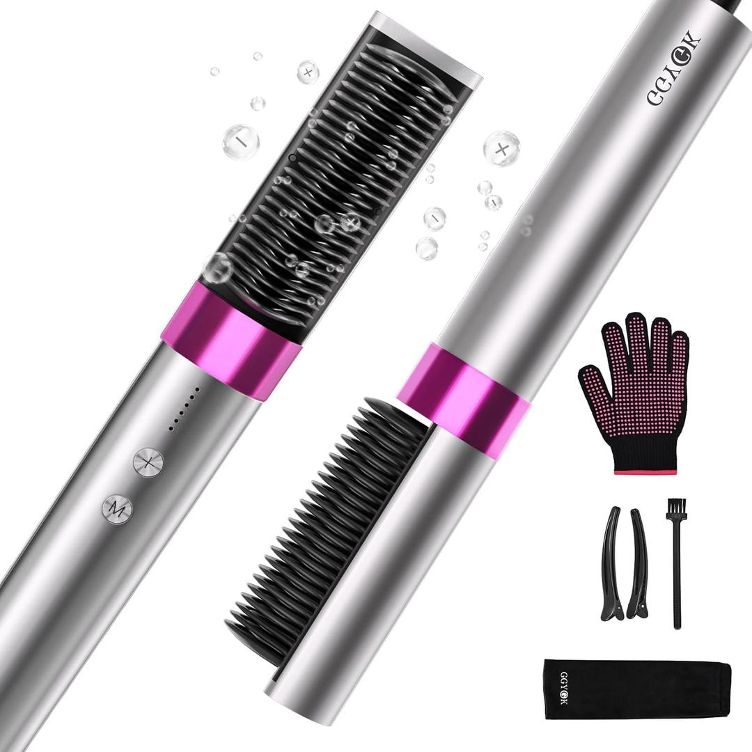 Plasma Hair Straightener Brush,Ceramic Straightening Brush for Women,Heated Hair Straightener Comb with Dual Voltage,Anti-Scald,20s Fast Heating, Grey