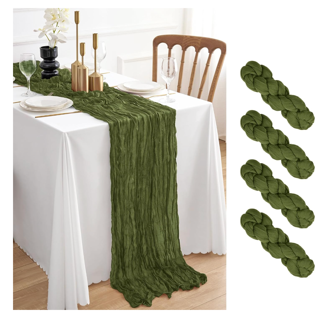 4Pack Olive Green 10FT Cheesecloth Table Runner Rustic Gauze Cheese Cloth Table Runner for Wedding Bridal Baby Shower Table Decorations Boho Fabric Sheer Birthday Party Decor 20 x 120 Inch Long