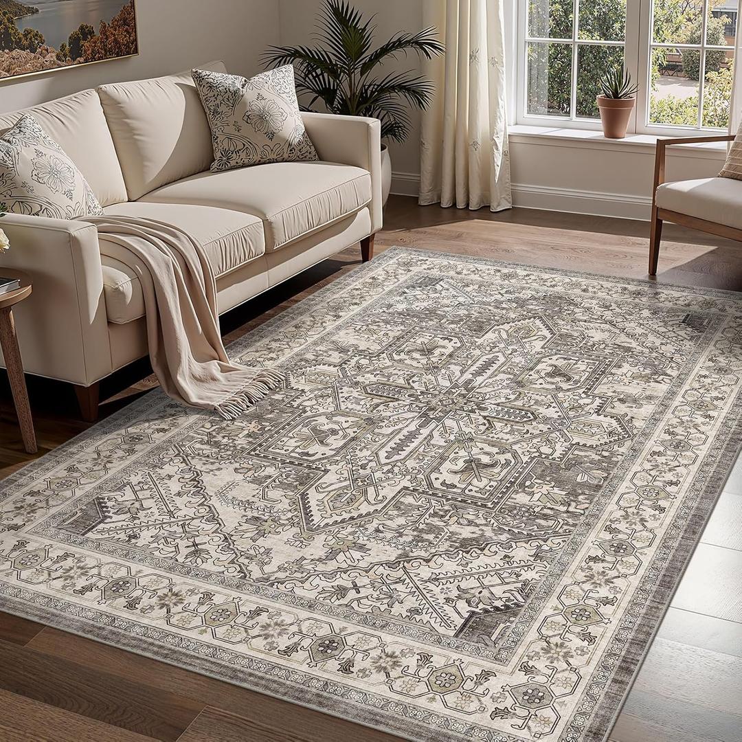 WITSHOCK Living Room Area Rugs 5x7: Washable Rug Boho Soft Non-Slip Low Pile Stain Resistant Foldable Carpet for Bedroom Playroom Dining Room Office Kitchen Farmhouse Home Decor Rug-Brown/ Lvory