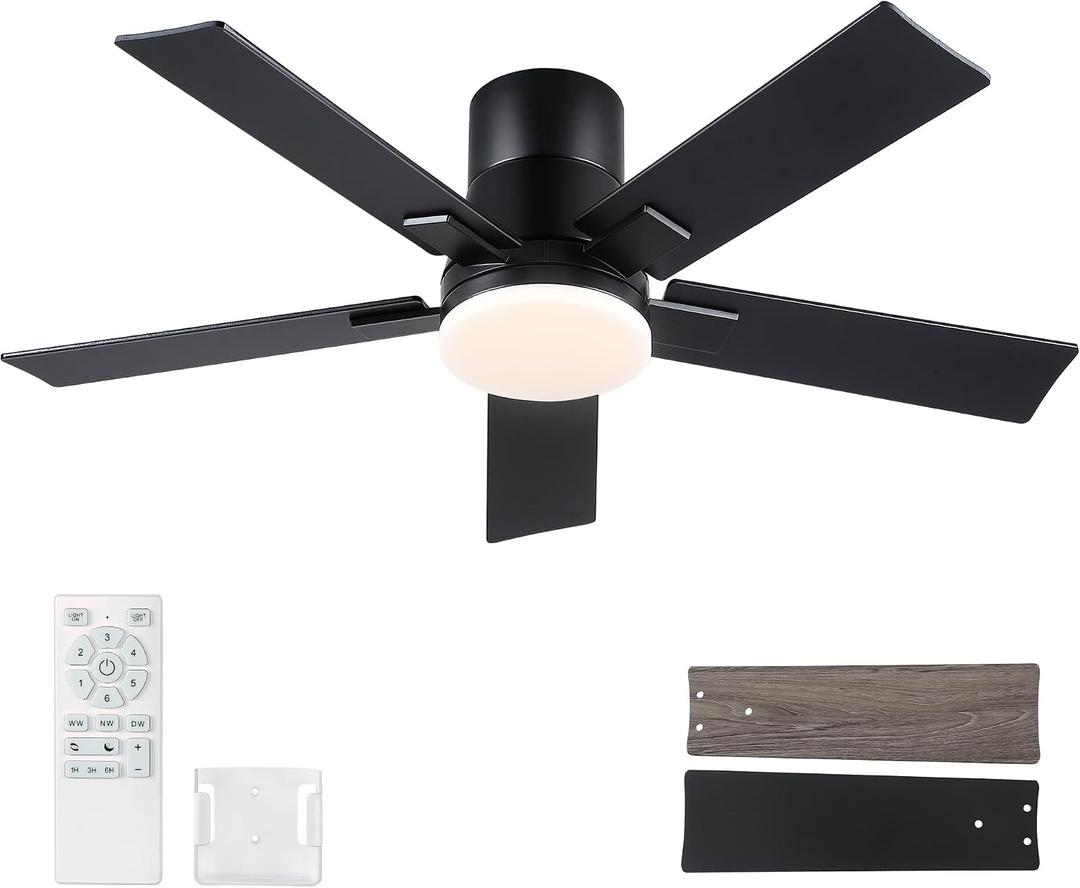 42 Inch Ceiling Fans with Lights and Remote,Flush Mount Black Ceiling Fan with 5 Blades,6 Speed Reversible DC Motor,3CCT Dimmable LED-Low Profile Design for Bedroom, Living room & Covered Outdoor