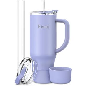 Renoj Insulated Mug 100% Leak Proof Insulated Water Bottle for Iced Coffee & Hot Drinks - Fits Car Cup Holder, Ideal Gift, 2 Straws & Silicone Boot - SnapShift Blue 32 oz 
