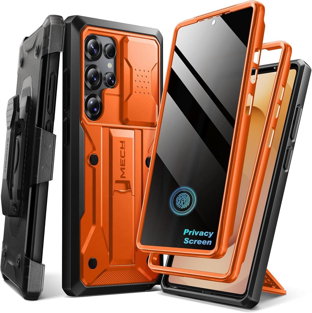 TONGATE for Samsung Galaxy S25 Ultra Case, [with Privacy Screen Protector & Slide Camera Cover] [2 Front Frames] Full-Body Heavy Duty S25 Ultra Case with Stand & Belt Clip Holster, Orange Privacy