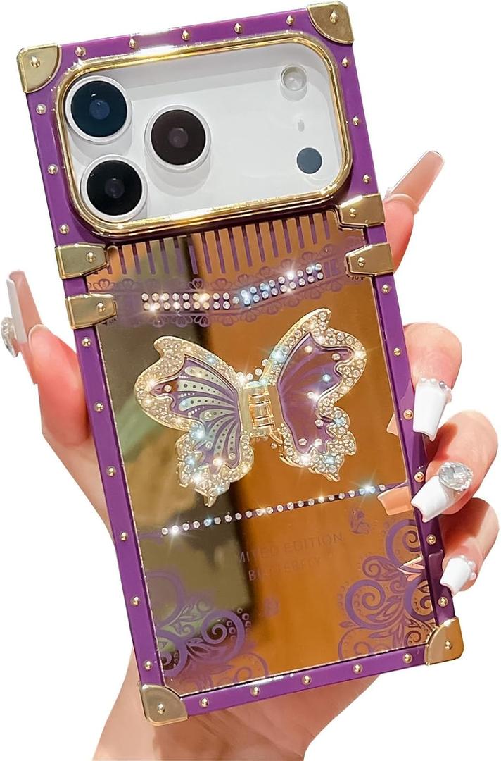 Cute Compatible with iPhone 17 Pro Max Case,Luxury Bling Butterfly with Foldable Stand Kickstand for Women Girls,Glossy Mirror Shockproof Protective Case for 17 Pro Max 6.9(Purple)