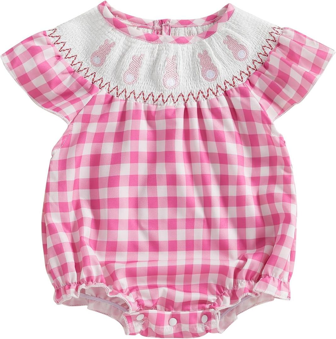 7 x Gueuusu Newborn Baby Girl Easter Outfit Bunny Embroidery Smocked Bubble Romper Short Sleeve One Piece Bodysuit Infant Clothes (2-3T, Plaid)