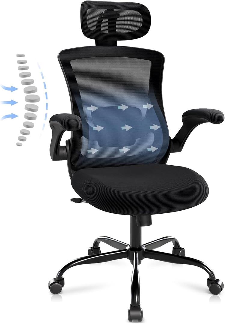 Ergonomic Office Chair with Adjustable Lumbar Support & Headrest  High Back Mesh Desk Chair with Flip-Up Armrests, Swivel Rolling Computer Chair for Home Office, Breathable & BIFMA Certified, Black (9050-bkbk)