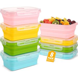 Mifoci Set of 8 Silicone Collapsible Bowls for Camping with Vent Lid 17 oz Silicone Storage Containers for Food Meal Preparation Square Bowl Microwave Freezer Dishwasher Safe (Pink,Yellow,Blue,Green)