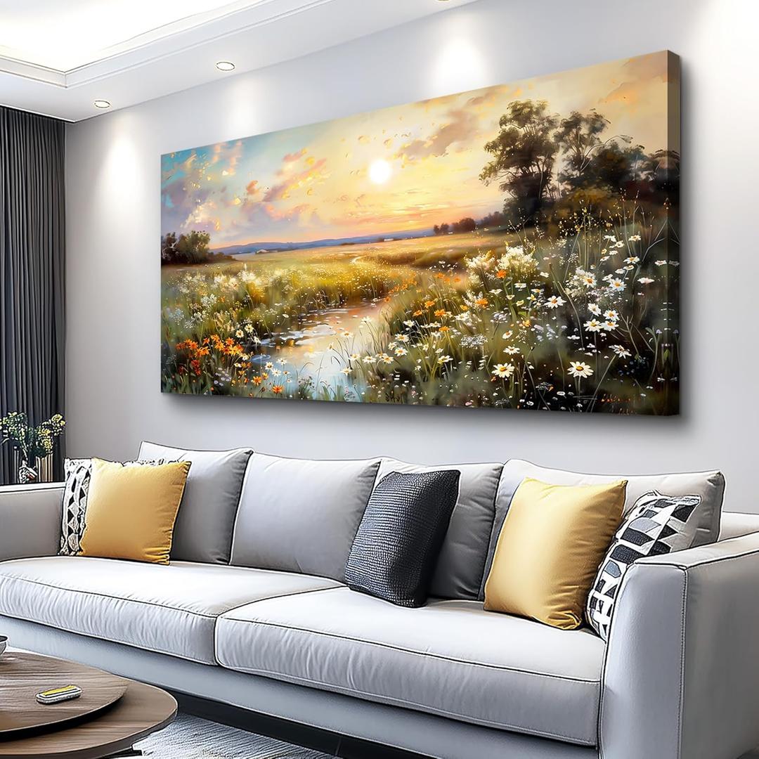 hyidecorart Vintage Farmhouse Wildflower Wall Paintings Canvas Wall Art for Living Room Wall Decor for Bedroom Office Decorations Nature Landscape Picture Artwork Aesthetic Home Decor Ready To Hang (48"L x 24"W, Rural Scenery)