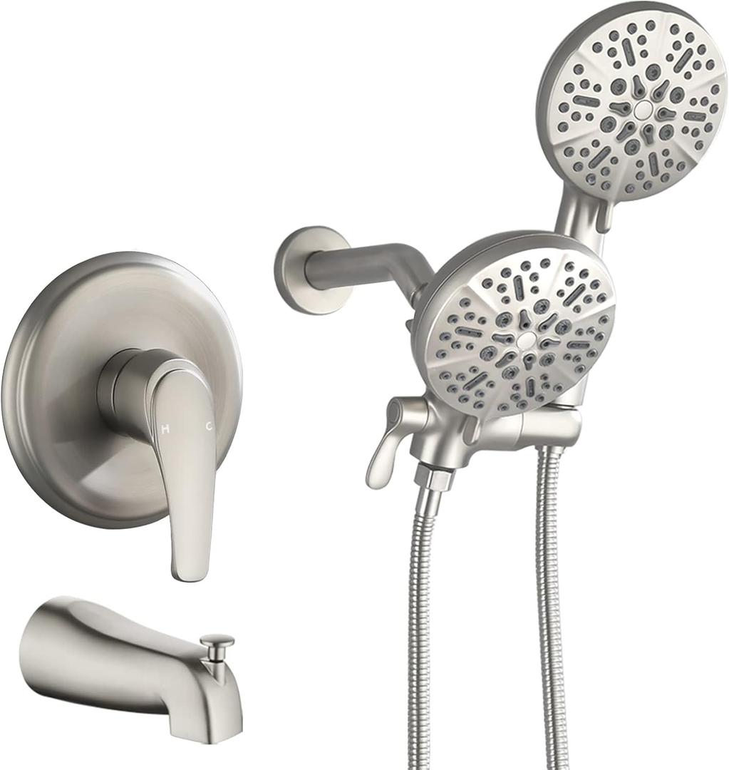 Shower Tub Kit Dual Shower System with Tub Spout Tub and Shower Faucet Set Complete Dual Shower Head and Handheld Combo Set Tub and Shower Trim Kit Brushed Nickel (Brushed Nickel)