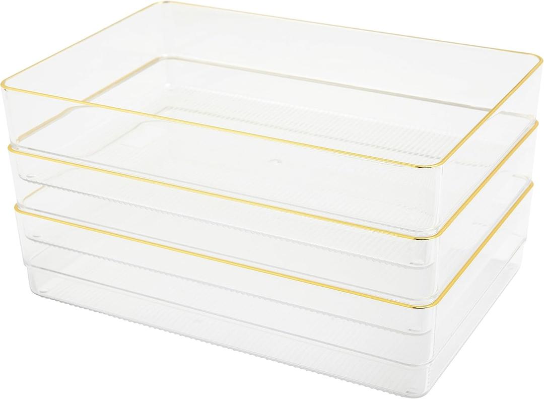 Martha Stewart Kerry Plastic Stackable Office Desk Drawer Organizers, 9" x 6", 3 Pack, with Gold Trim
