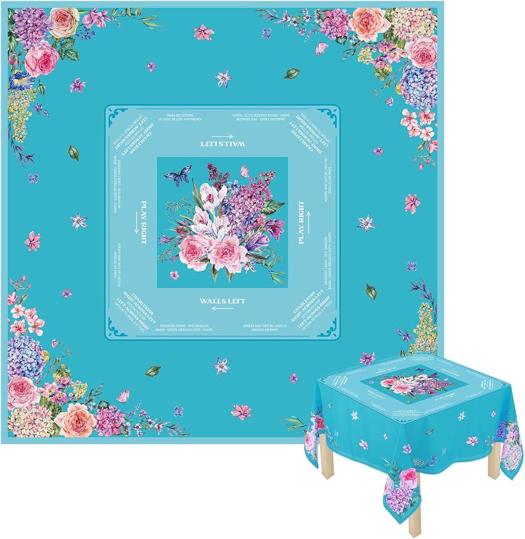 Flower Mahjong Tablecloth 55" x 55" Polyester Square Instructional Design with Rules for Family Game Night Party Favor Supplies