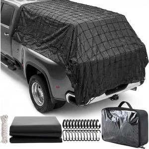 Tranqun Cargo Net for Pickup Truck Bed, XXL 6' x 10' Waterproof Truck Bed Tarp Cover & 4' x 6' Stretches to 8' x 12' Net Kit, Complete Cargo Securing Set with D-Rings, Hooks & Rope