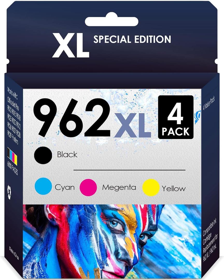 Ink Cartridges Compatible with 962XL Combo Pack. Work for Officejet Pro 9010 Series Ink Cartridges 9020 9015 Printer. 4 Pack (Black, Cyan, Magenta, Yellow)
